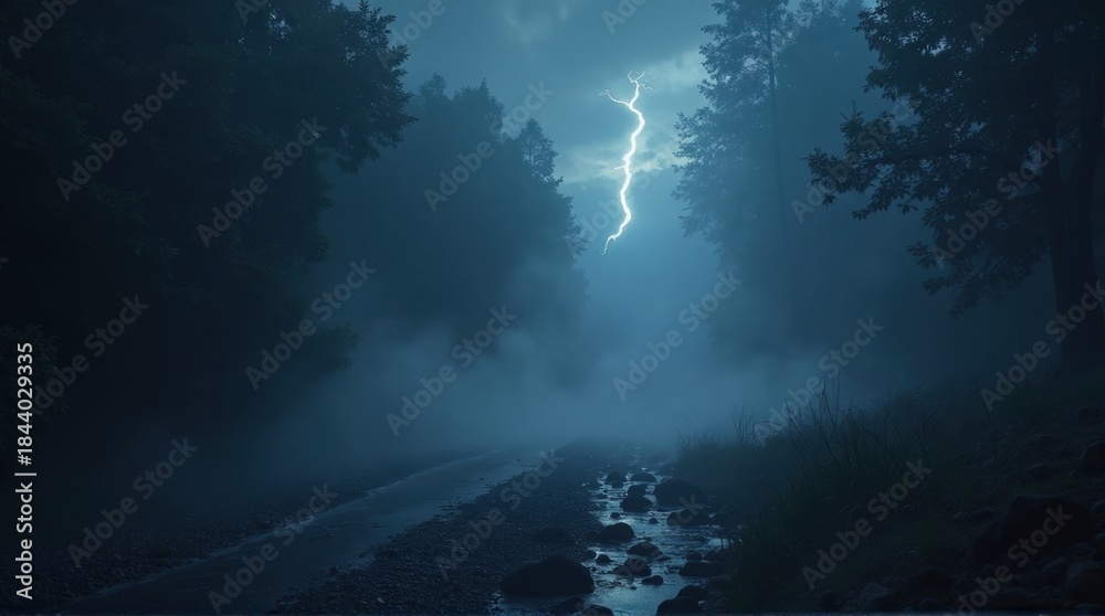 Fototapeta premium Dark Forest Scene with Lightning Strike Over Foggy River at Night