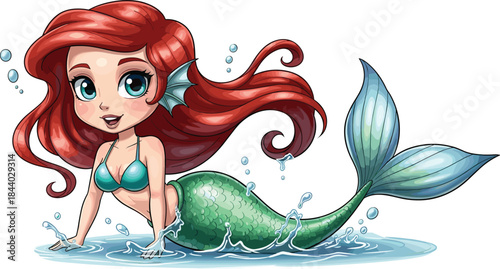 Cute Cartoon Mermaid Vector Beautiful Red-Haired Girl with Sparkling Green Tail Emerging from Splashing Water - Fairy Tale Fantasy Illustration.