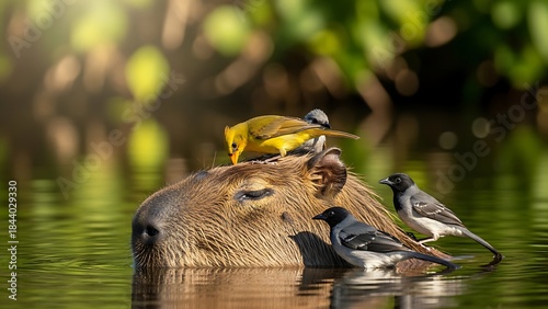 Natural light wildlife photo Capybaras friendly social rodent resting in green grass wetland ecosystem peaceful tropical nature scenery for environmental education and stock usage