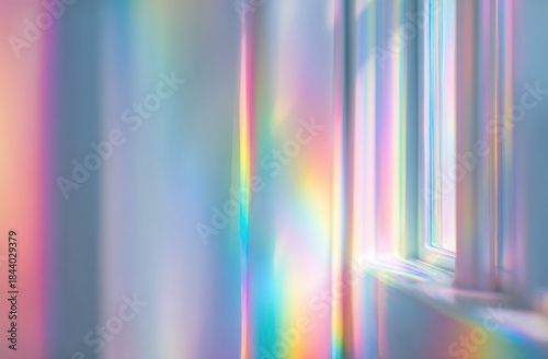 A white wall with colorful rainbow light reflections creating a viintimate apparelnt, iridescent pattern on textured surface