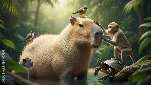 High detail nature photography Capybaras cute calm mammal with soft brown fur relaxing near water tropical wildlife habitat for animal education biodiversity conservation and editorial stock