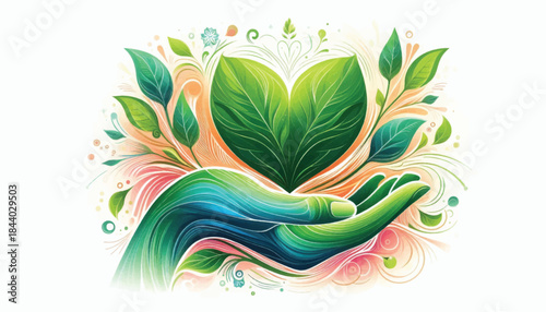 Hand cradling a vibrant green heartshaped leaf symbolizing environmental care and growth.