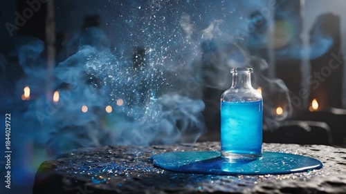Vibrant blue smoke emerging from glass bottle with mysterious liquid on textured surface
