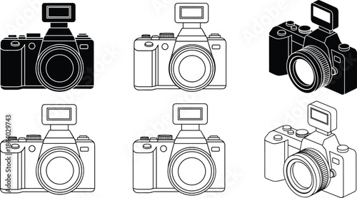Digital SLR Camera Icon Set Photography Equipment Outline and Silhouette Vector Graphics Collection for Media, Studio, and Technology Design.