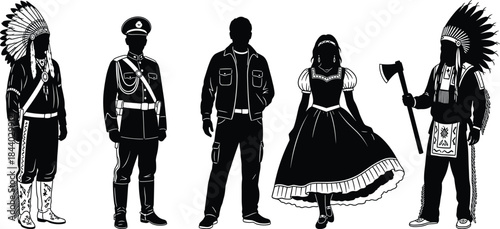Diverse People Silhouettes Set Native American Chiefs, Military Officer, Modern Man, and Traditional Woman Character Vector