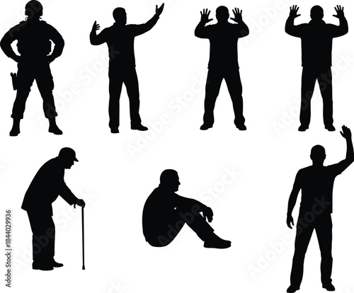 Diverse human silhouettes: police officer, older man with cane, casual male figures in various poses, illustrating people and social issues.