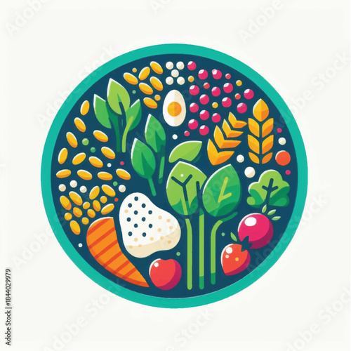 Vibrant and colorful healthy food bowl illustration with fresh ingredients.