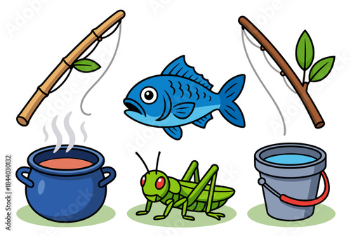 Delightful fishing adventure with cartoon fish, fishing rods, steaming pot, vibrant grasshopper, and bucket of water perfect for children's books