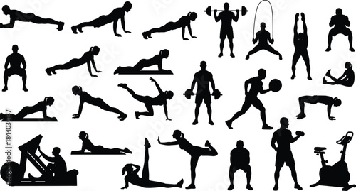 Fitness exercise silhouette collection showing gym workouts, strength training, cardio movements and bodyweight exercises isolated on white background
