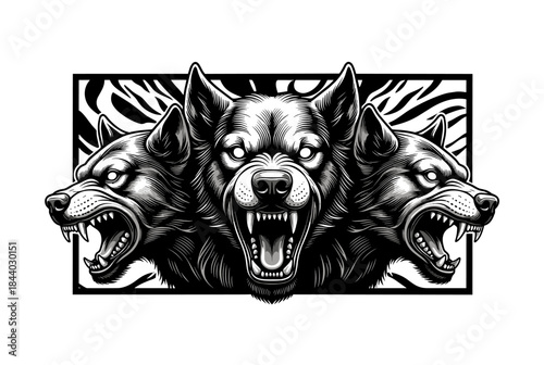Menacing three headed dog illustration with glowing eyes, use for fantasy games, horror themes, and tattoo designs, a striking symbol of power