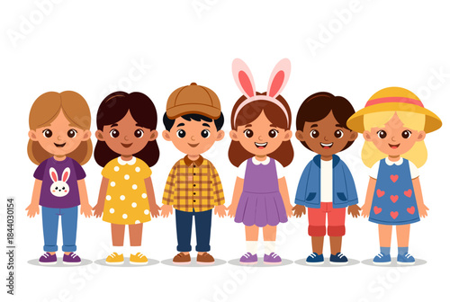 Delightful diverse group of kids standing together, ready for springtime adventures and joyful learning, perfect for educational materials and family projects