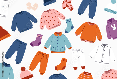 Adorable children's clothing pattern in vibrant colors for playful kids fashion, perfect for back to school designs and cute apparel projects, cozy and warm