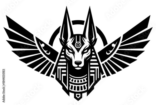 Powerful Anubis illustration, Egyptian god of afterlife for tattoo design, brand logo, or historical project with dramatic flair and strong symbolism