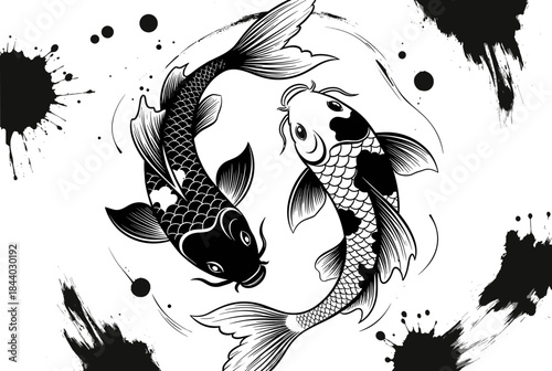 Elegant yin yang koi fish swimming gracefully in a harmonious dance with splashes of ink, perfect for tattoo designs, spiritual art prints, and mindful decor
