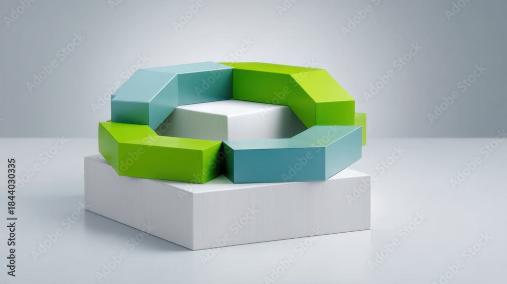 Obraz premium Geometric Abstract Sculpture in Bright Colors on White Pedestal Showcasing Modern Design and Creative Artistic Expression