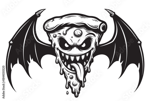 Terrifying pizza slice with wings, perfect for spooky season designs and unique food promotions that need a monstrous twist for Halloween campaigns