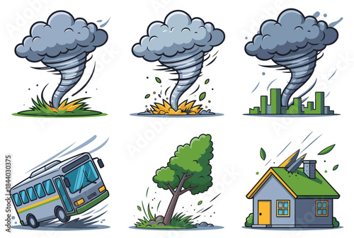 Cartoon tornado devastation wreaking havoc on city, nature, and transportation, creating dramatic scenes of destruction and natural disaster