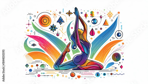 Vibrant Yoga Pose Illustration with Dynamic Colors and Flowing Forms.