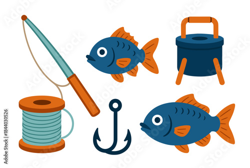 Charming fishing scene with two fish, fishing rod, hook, tackle box, and line ideal for illustrating childhood, hobbies, outdoor adventures, and summer fun