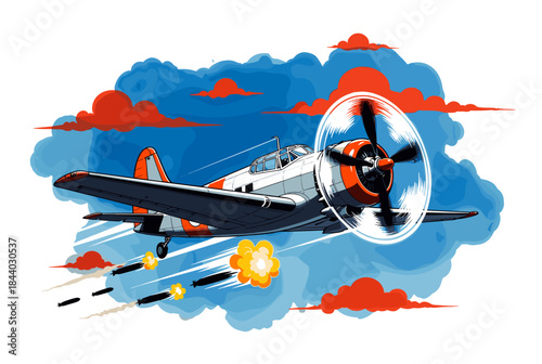 Vintage plane dropping bombs against a blue sky with red clouds, a powerful symbol of wartime aviation and historical conflict themes for educational use