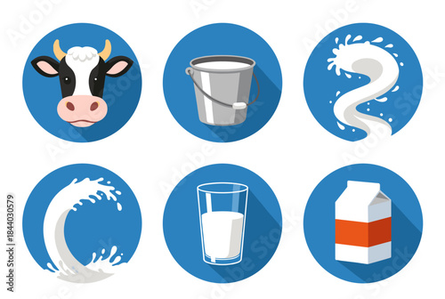 Delightful milk product icons showcasing dairy farm freshness and cartoon cow adorableness for modern food marketing and healthy lifestyle promotions