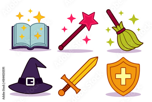 Enchanting wizard icons for fantasy game design and magical storybooks, perfect for Halloween projects or whimsical branding with a playful, cartoonish vibe