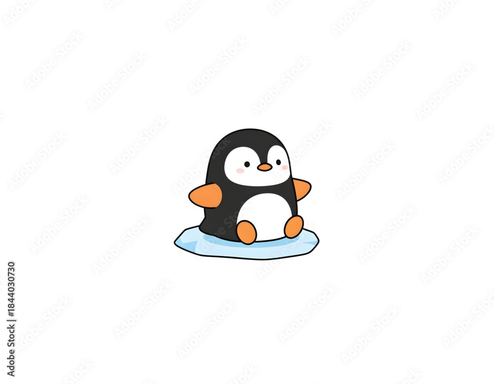 Obraz premium Cute cartoon penguin sitting on an ice floe, whimsical illustration