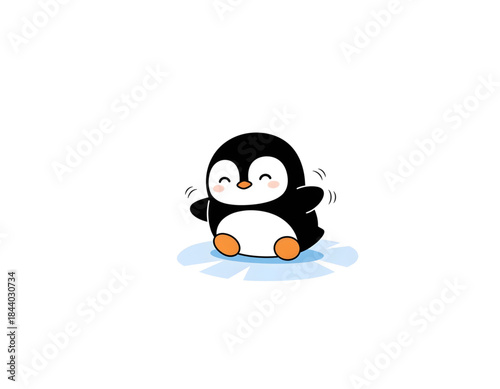 Cute cartoon penguin happily dancing on an ice floe, illustration