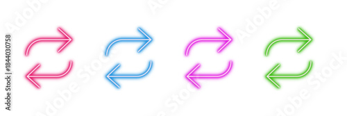 Neon glowing refresh arrows vector icons set, reload, cycle, loop, exchange, synchronize, vibrant colorful digital design illustration on transparent background.