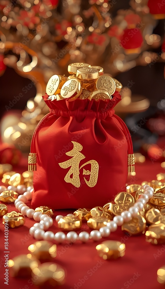Fototapeta premium A red fortune pouch placed among scattered gold coins under warm festive lighting. The scene strongly conveys material success, generosity, and blessings.