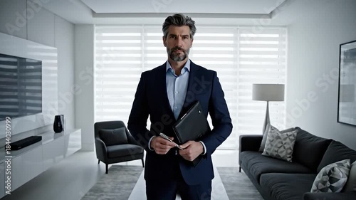 Professional man in elegant suit holding folder looking away in a sophisticated modern interior living space
