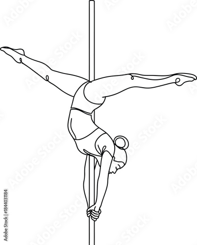 Continuous one line drawing of woman doing pole gymnastics exercise for fitness and sport vector .