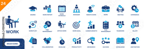 Work icon. Includes salary, career growth, job search, work schedule, and work report. Solid vector icon set.