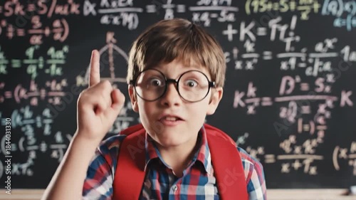 Young student saluting with amazed expression in front of glowing math formulas representing learning and discovery