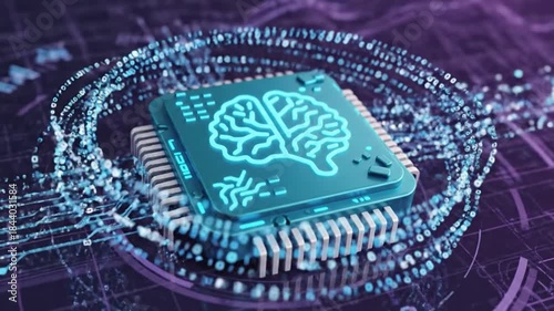 Futuristic AI Microchip with Glowing Brain Symbol and Digital Network.