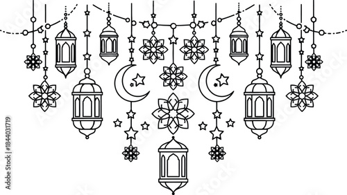 ramadan hanging lantern crescent moon islamic line icon set .