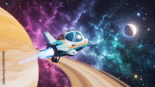 Cute Cartoon Spaceship Flying Through Vibrant Nebula and Planets.