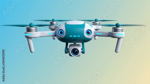Futuristic Teal and White Drone with Camera Flying.