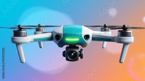 Modern Drone Flying Through Abstract Colorful Sky with Geometric Shapes.