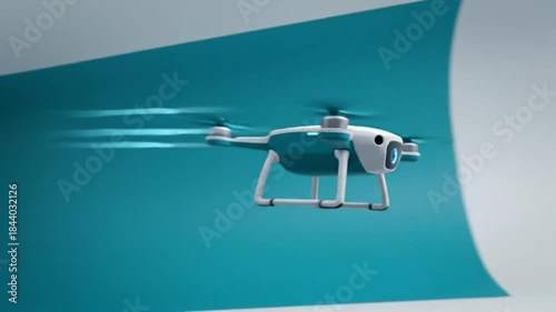 Modern White and Teal Drone Flying in Studio Environment.