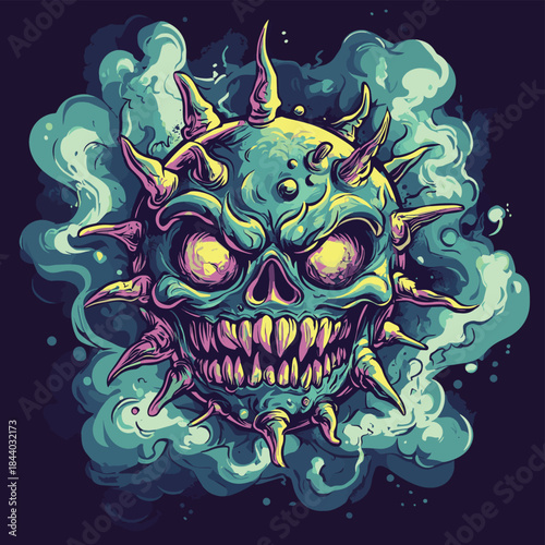Cartoonish depiction of a menacing, skull-faced virus with spikes, featuring bright colors and a dark background with smoke effects. , vector style simple color