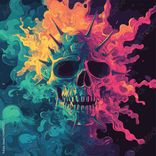 Cartoonish depiction of a menacing, skull-faced virus with spikes, featuring bright colors and a dark background with smoke effects. , vector style simple color