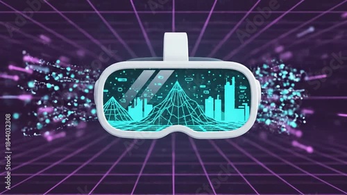 Futuristic VR headset displaying a digital city in a neon grid cyberspace.