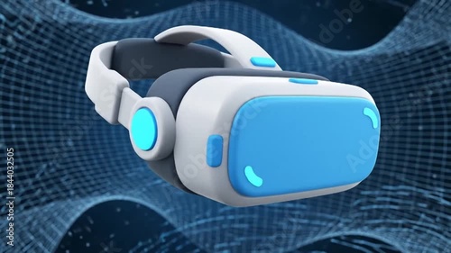 Futuristic VR Headset Floating in Digital Network Grid.