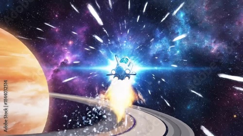 Futuristic spaceship travels through colorful nebula near Saturn.