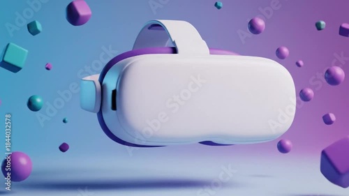 Futuristic VR headset floating amidst abstract geometric shapes and vibrant gradient background.