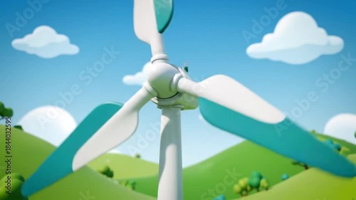 Cartoon Wind Turbine Spinning in a Green Landscape with Clouds.