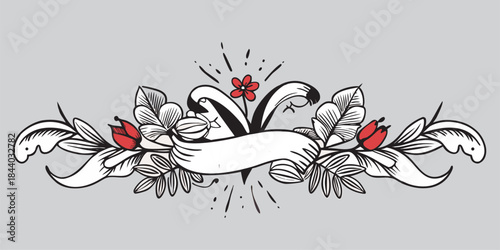 A timeless touch of classic art. 🌹 Vintage tattoo-style floral vector with a blank banner ready to be filled with your text or branding. Give your designs, posters, or stickers a bold personality!