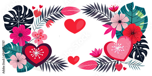 Tropical Valentine Floral Frame. High-quality vector illustration with a modern, contrasting color scheme. Ready for graphic design, social media, and Valentine's Day print materials.