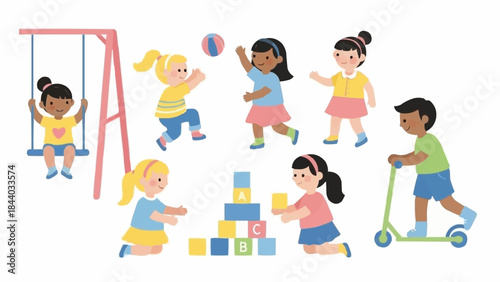 Diverse group of children playing together outdoors on a sunny day.